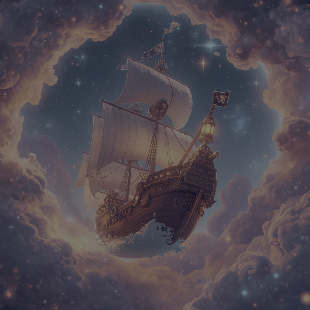 A pirate ship flying through clouds